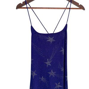 Vintage 90s Y2K Star Print Mini Bodycon Dress S Blue / Purple Sparkle Cross Back